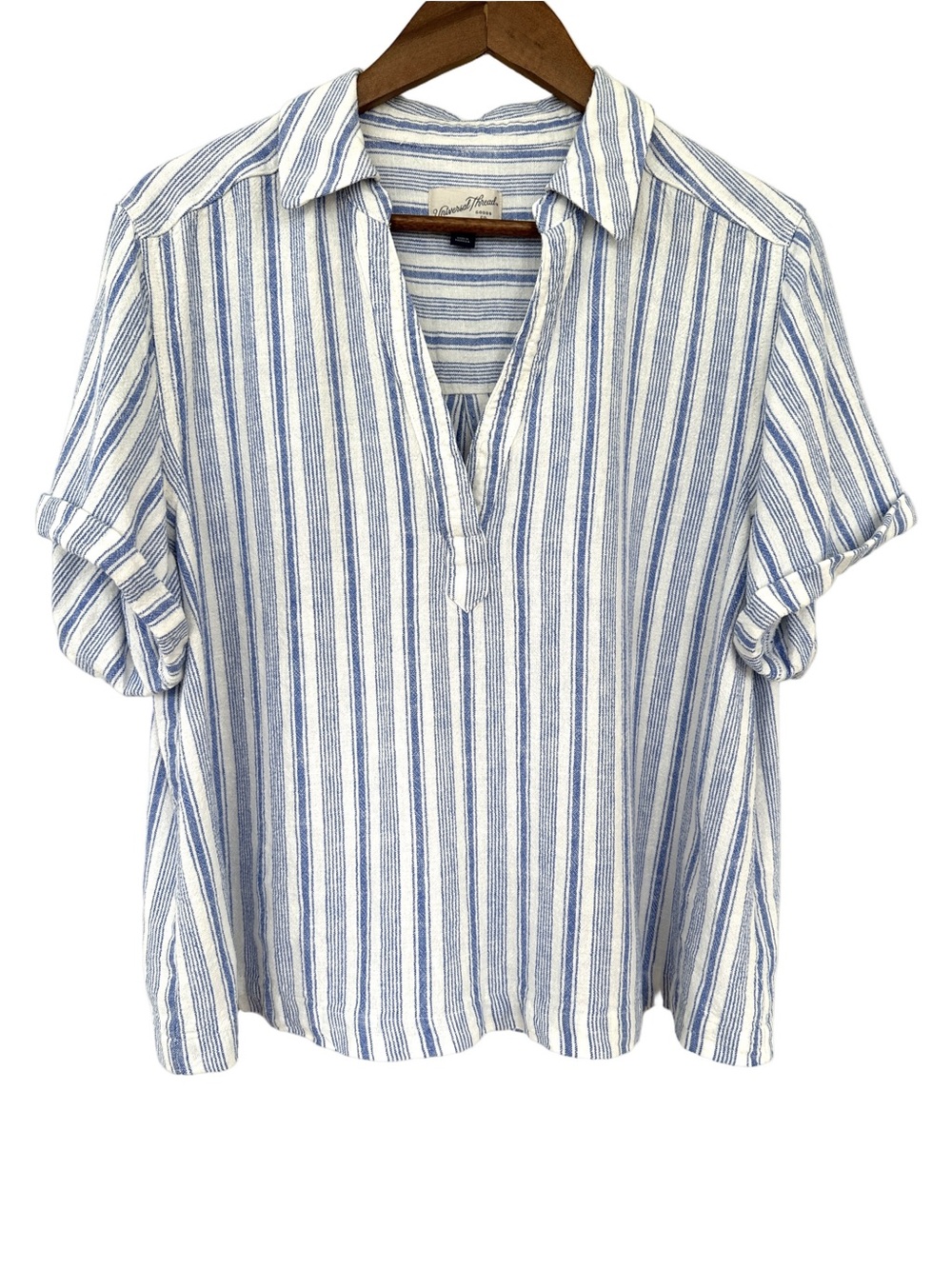 Universal Thread Striped Collared Tunic, Short Sleeves, Cropped, Linen Blend